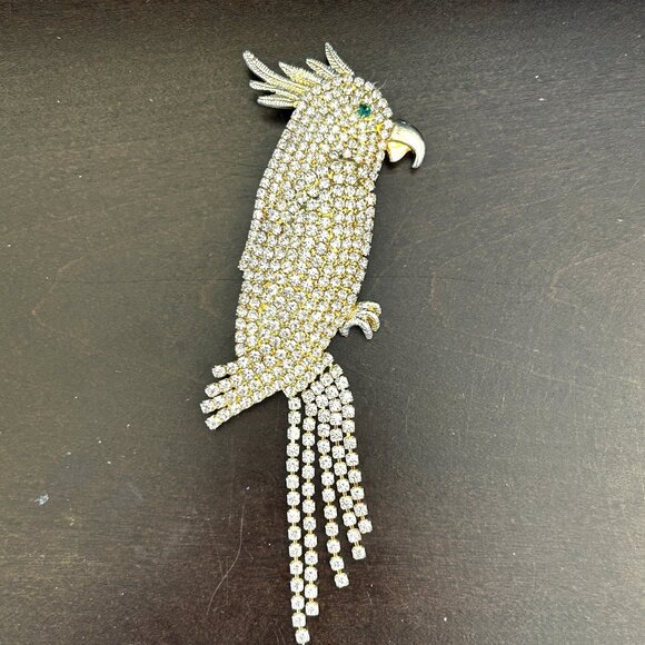 Rhinestone Parrot Cockatoo Brooch Bird Pin Statement Tassel Tail 5in - Picture 2 of 10